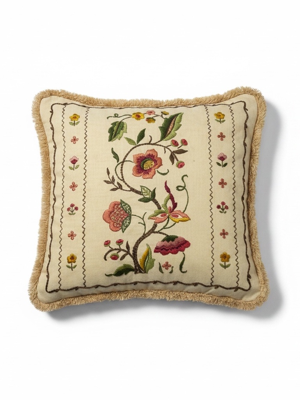 Vintage Crewel Embroidered Small Pillow Case 13X13 Fringe Square Home Decor